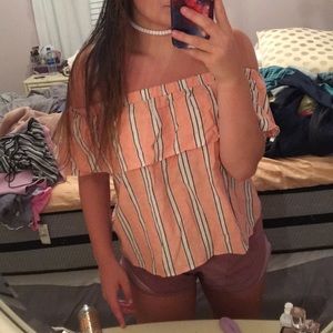 Coral tube top with white and black stripes